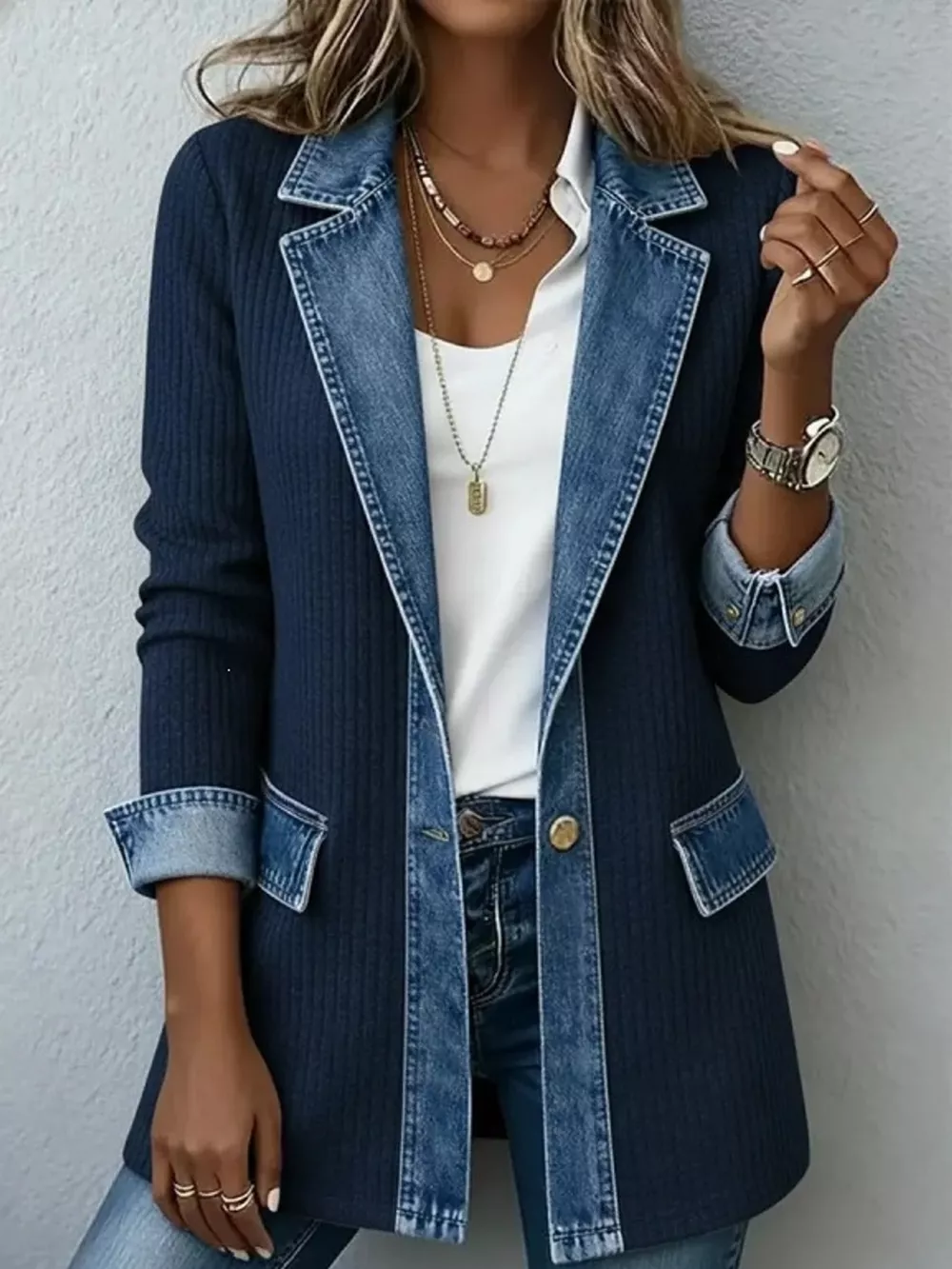 Full Size Denim Trim Ribbed Knit Cardigan Plus Size, image 27