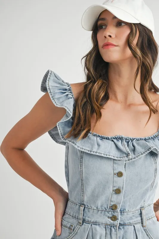 Off Shoulder Ruffle Detail Denim Romper, image 14