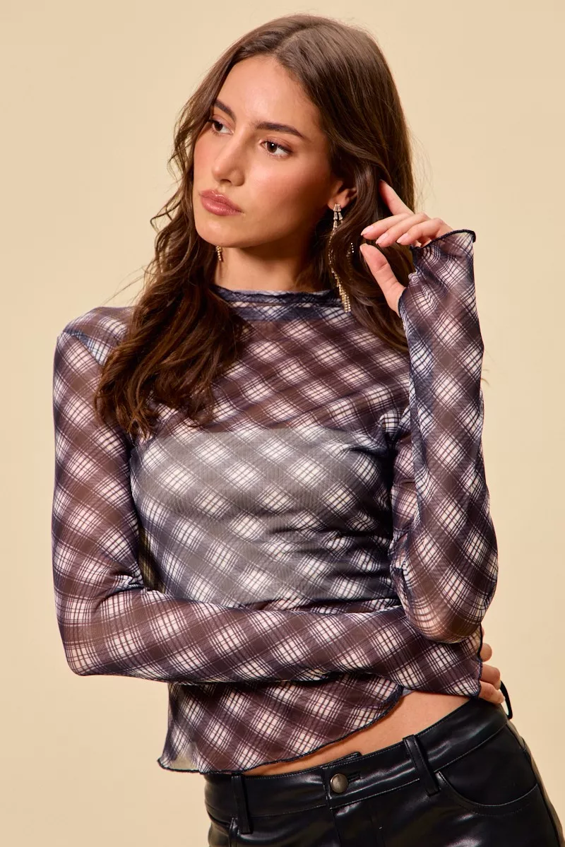 Plaid Mesh Knit Long Sleeve Top with Thumb Opening, image 3
