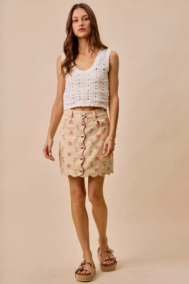 Floral Rose Print Cotton Twill Scallop Mini Skirt, image 4