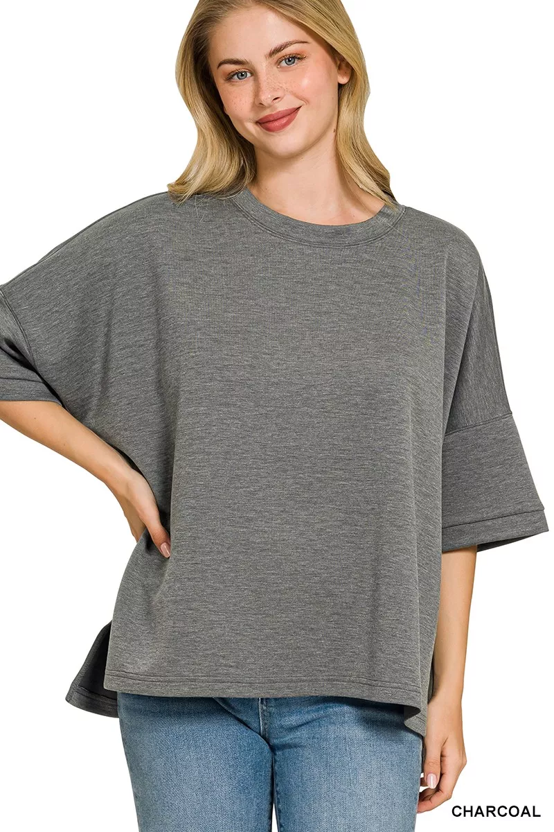 Full Size Scuba Round Neck Top With Side Slits Plus Size