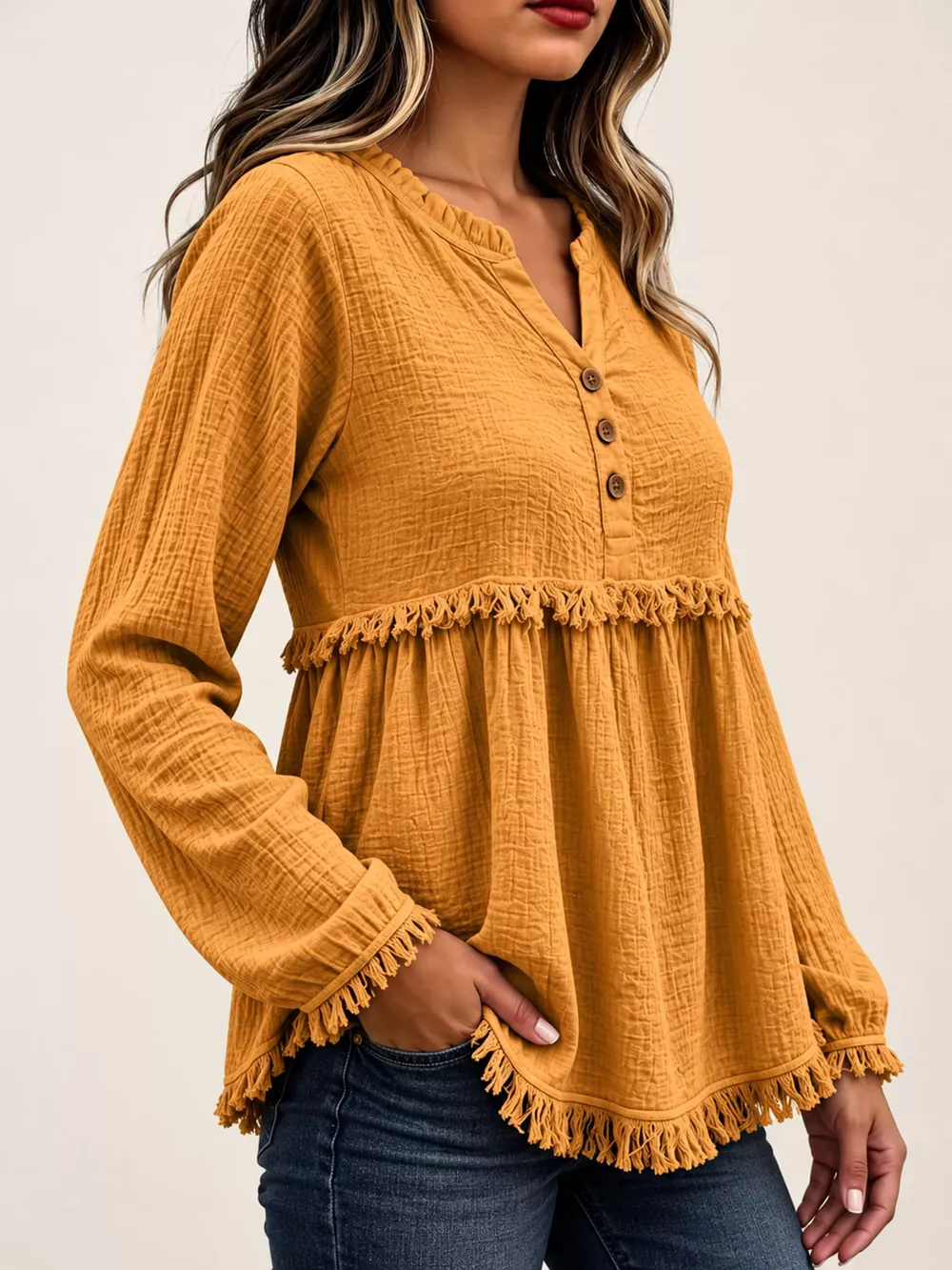 Full Size Frayed Hem Button Detail Blouse Plus Size, image 12
