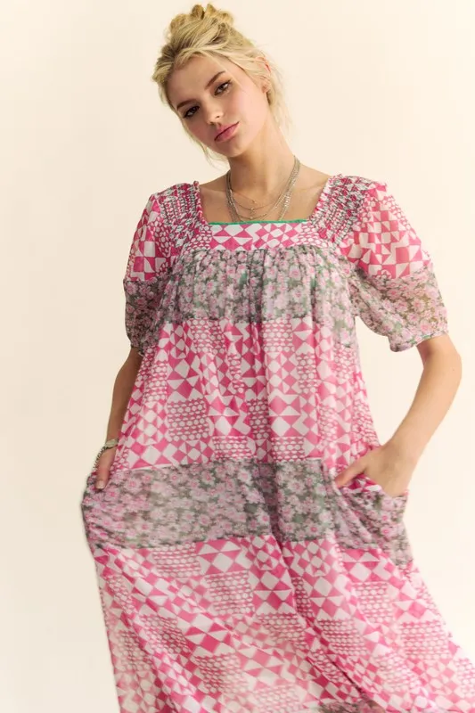 Multi Floral Square Neck Puff Sleeve Maxi Dress, image 4