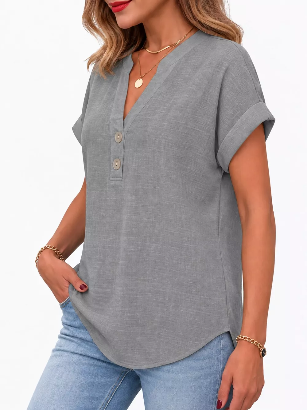 Full Size Button Detail Short Sleeve Blouse Plus Size, image 52