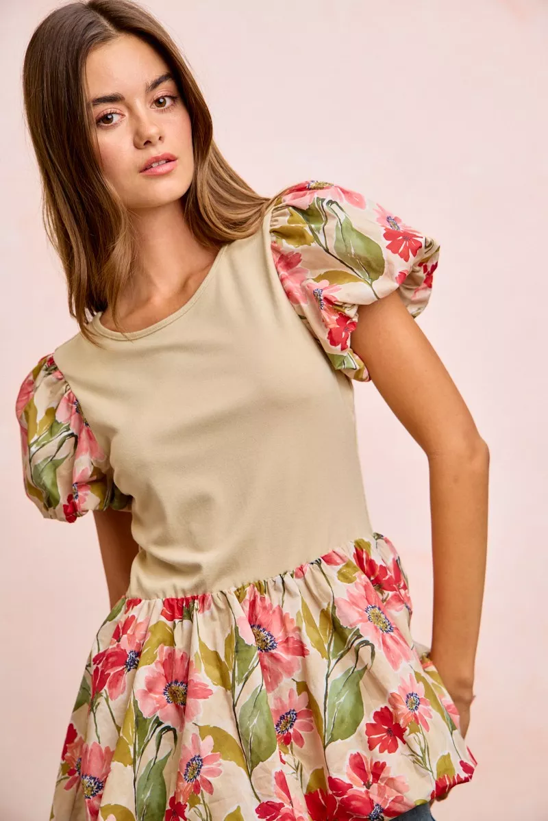 Floral Printed Bubble Sleeves and Hem Peplum Top, image 4
