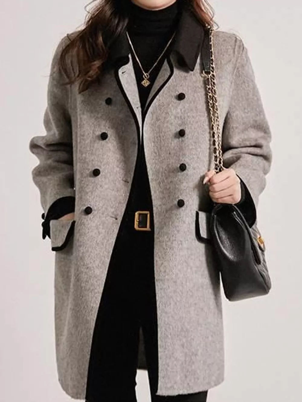 Plus Size Double-Breasted Coat with Contrast Trim, image 2