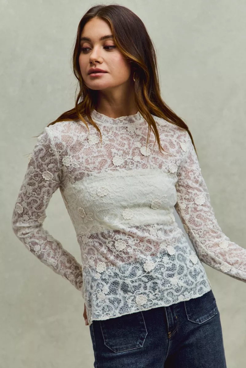 Lace Long Sleeve 3d Effect Floral Layering Top, image 6