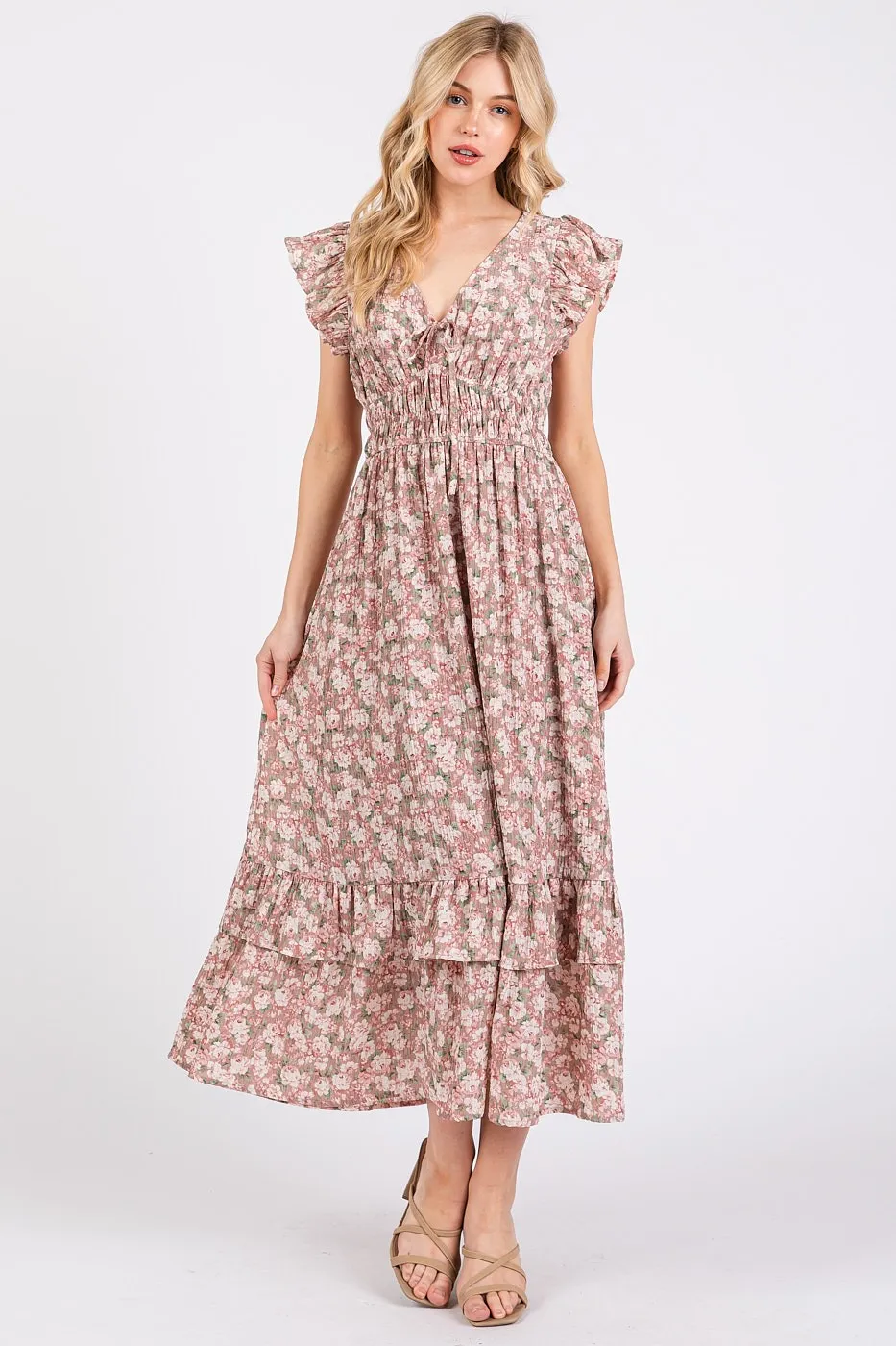 Flower Print Ruffle Cap Sleeve V-neck Midi Dress, image 8