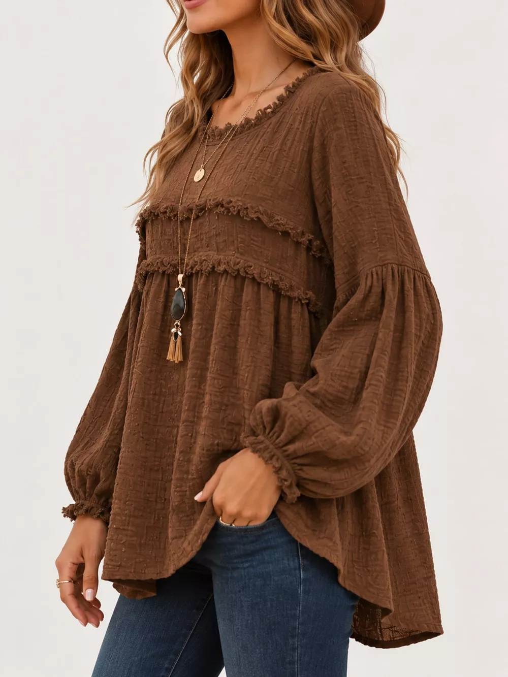 Full Size Boho Chic Textured Frayed Trim Peplum Blouse Plus Size, image 21