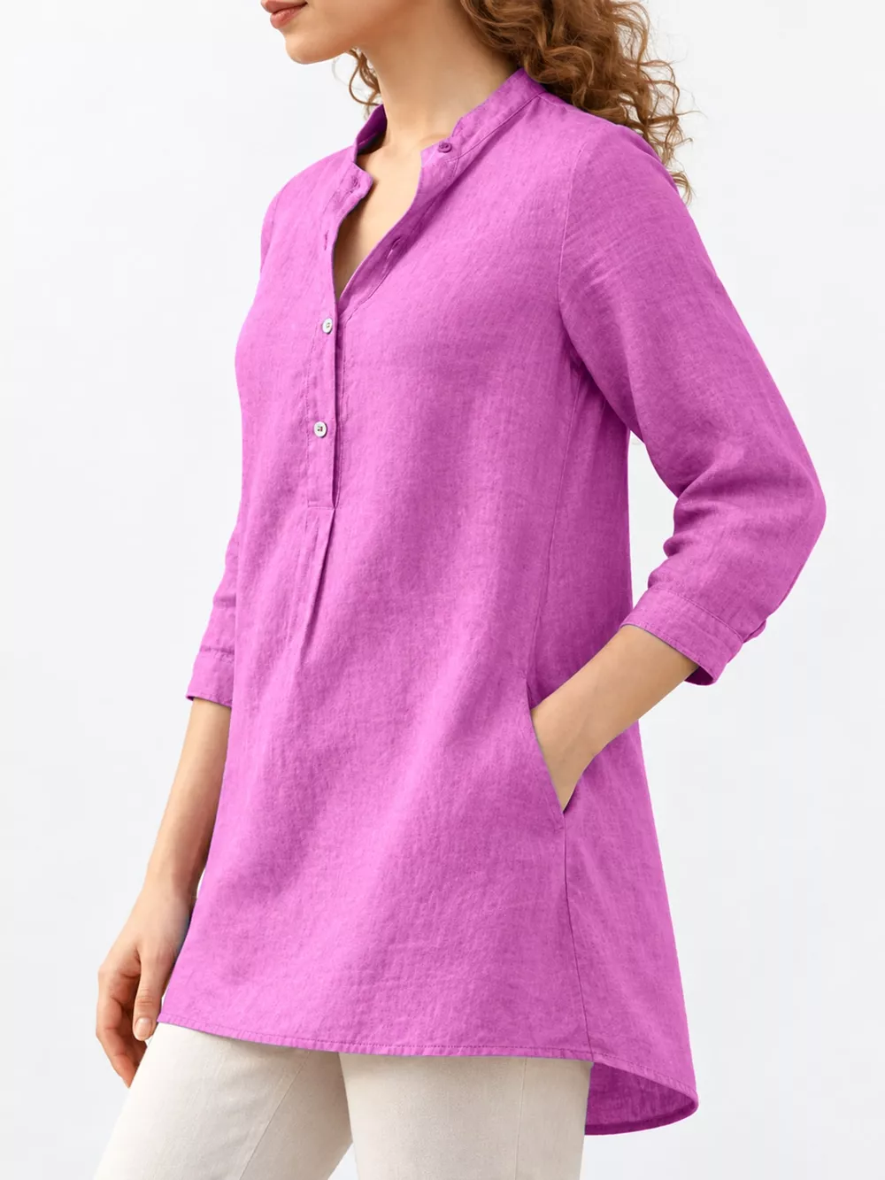 Full Size Button Detail 3/4 Sleeve Blouse Plus Size, image 26
