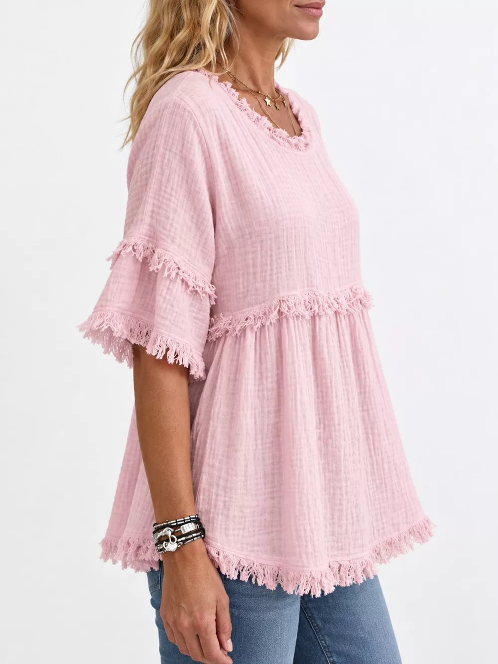Full Size Frayed Edge Textured Blouse Plus Size, image 31