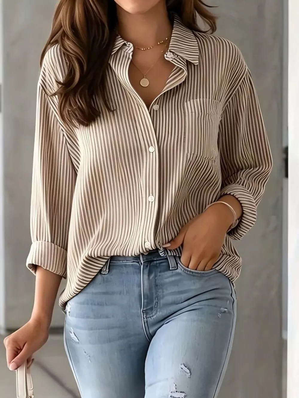 Full Size Striped Button-Down Long Sleeve Shirt Plus Size, image 39