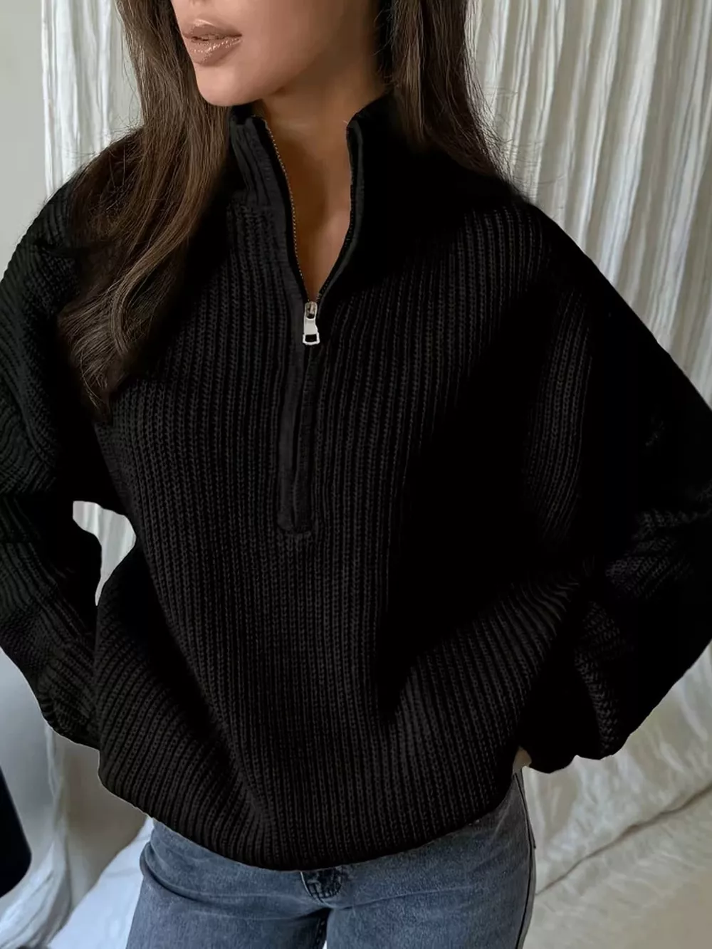 Full Size Half Zip Dropped Shoulder Sweater Plus Size, image 11