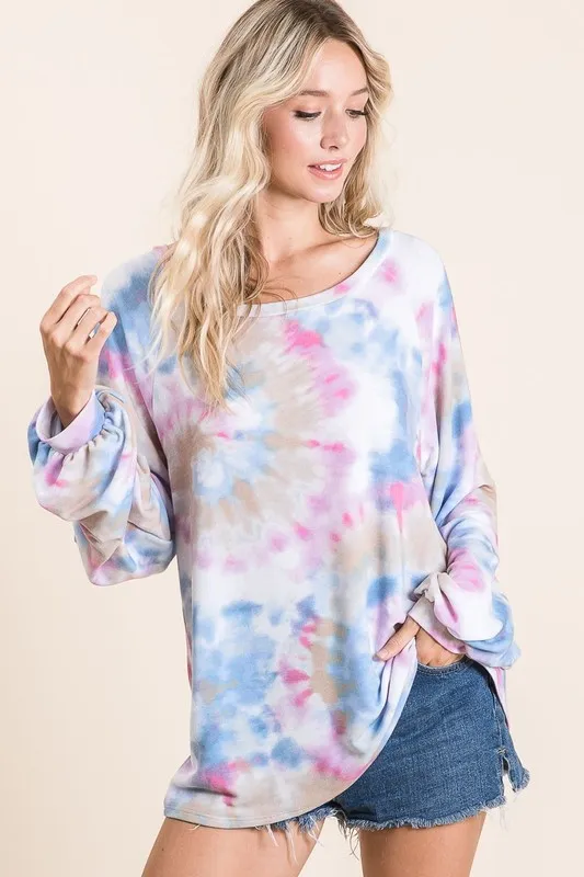 Tie Dye Print Terry Top With Puff Sleeves