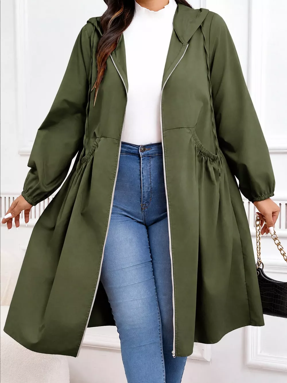Plus Size Hooded Zip-Up Longline Windbreaker Outerwear, image 14
