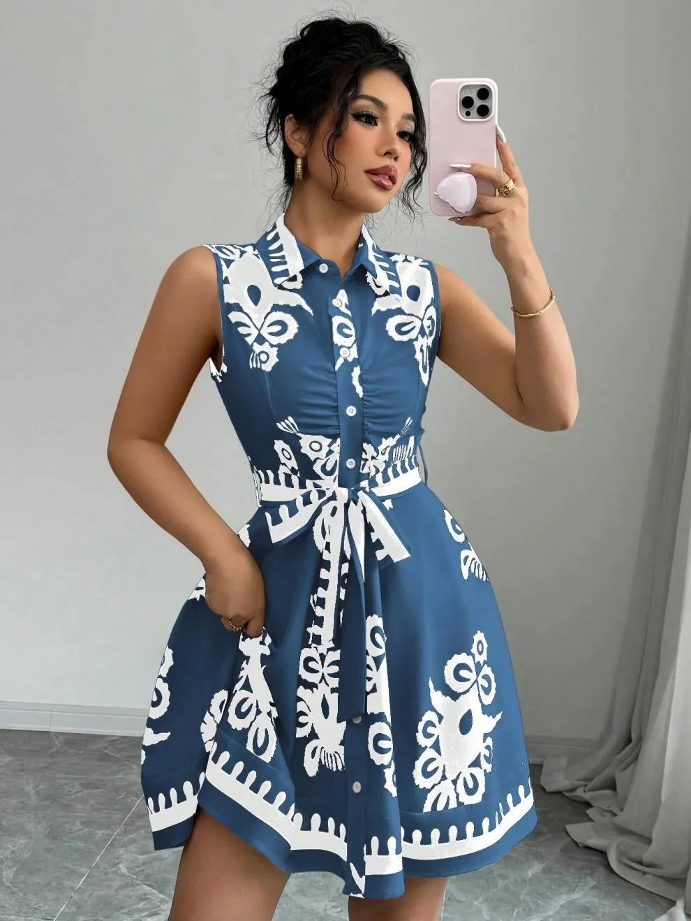 Printed Sleeveless Button Front Dress, image 4