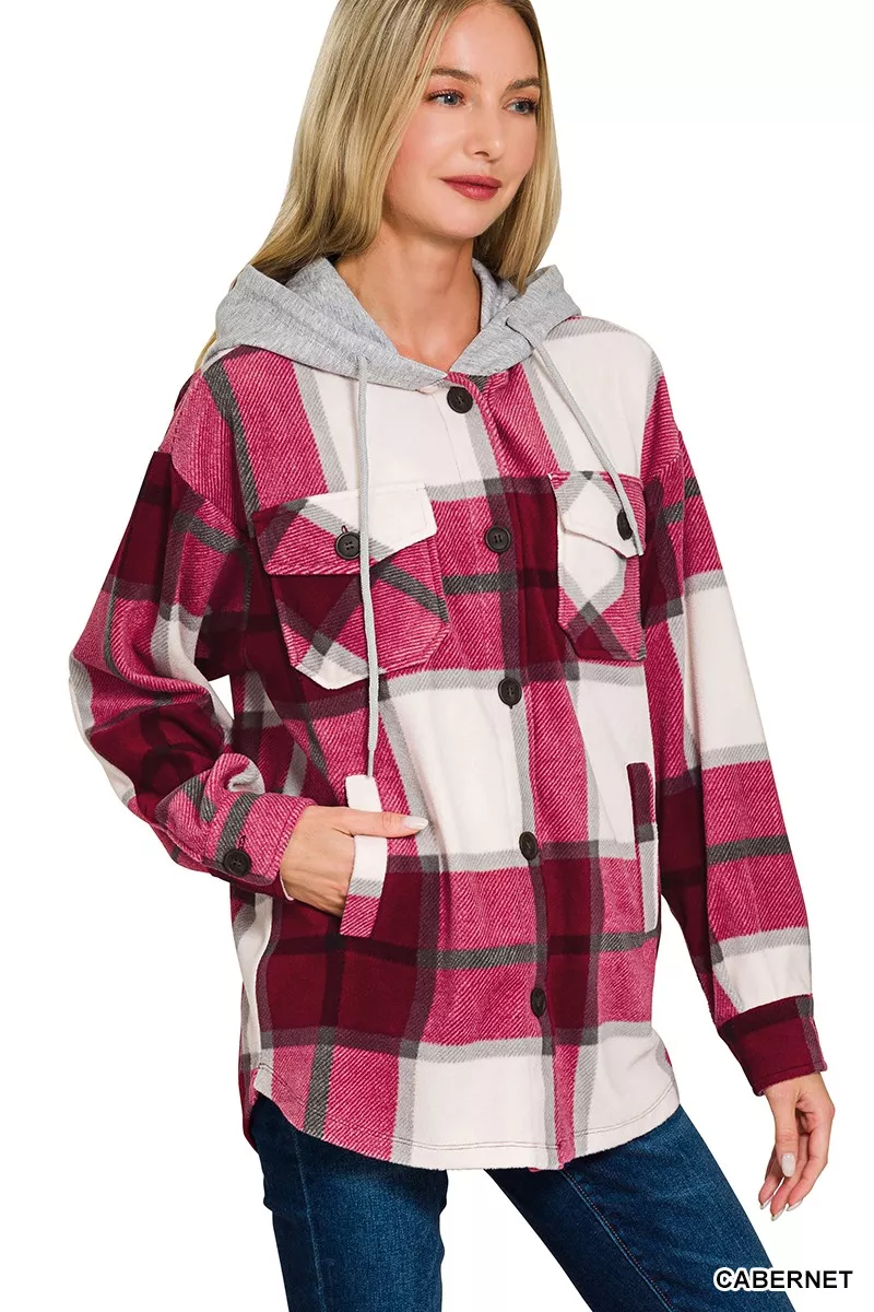 Plaid Drawstring Hooded Fleece Shacket, image 3
