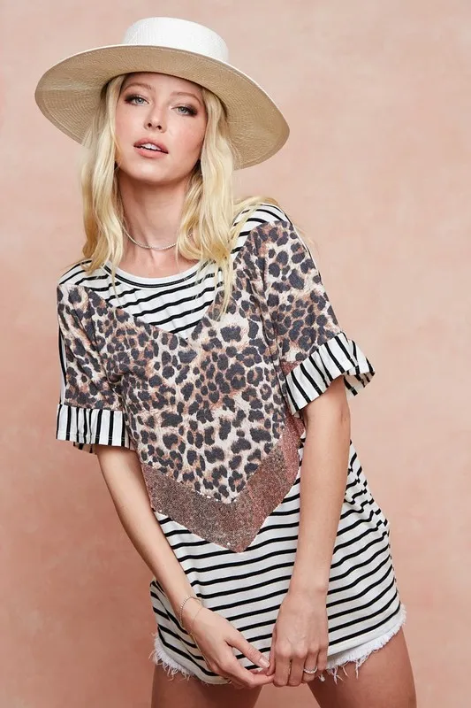 Stripe Rayon Span Knit Color Block Top With Leopard, image 7