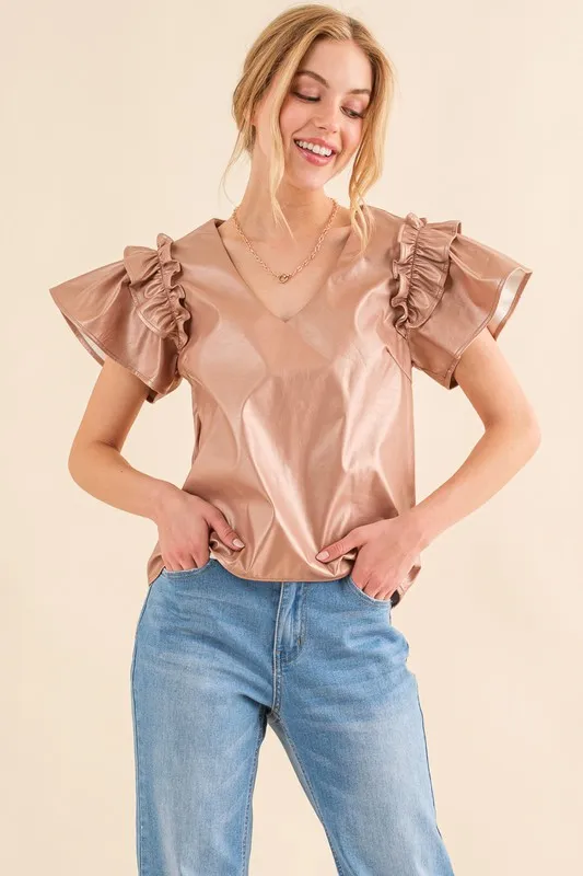 Faux Leather Ruffle Sleeves V Neck Top, image 6