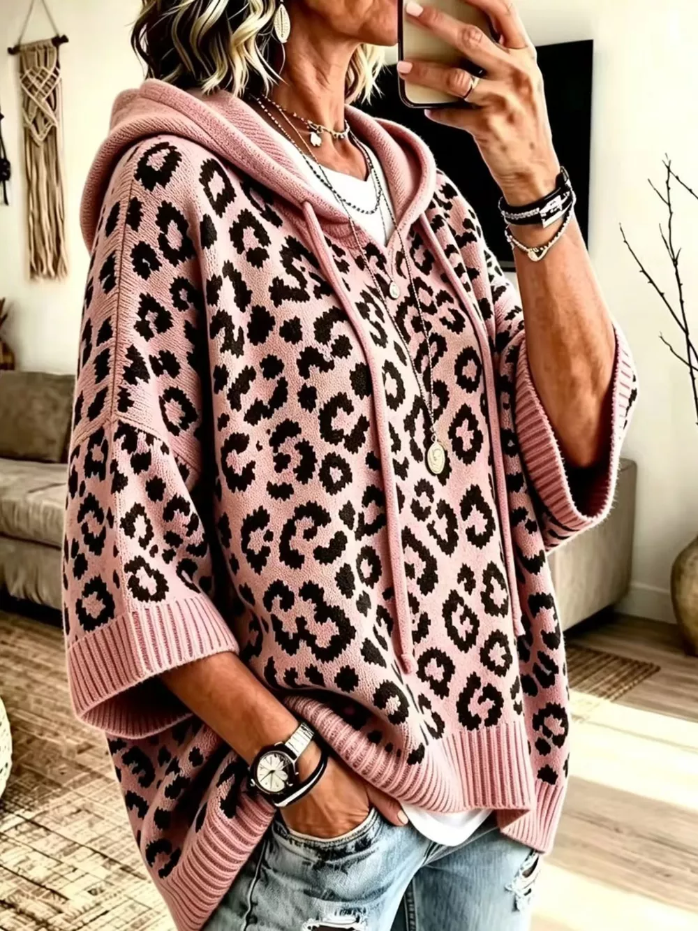 Full Size Leopard Print Hooded Knit Sweater Plus Size