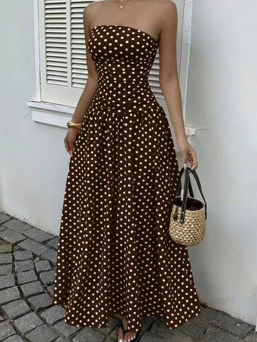 Strapless Polka Dot Ruched Maxi Dress, image 21