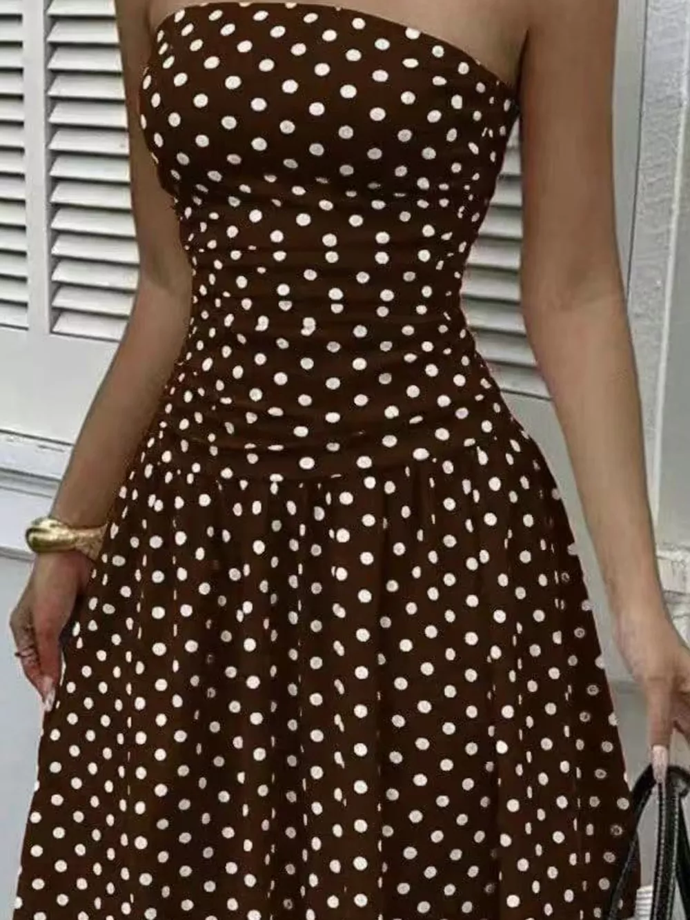 Strapless Polka Dot Ruched Maxi Dress, image 26