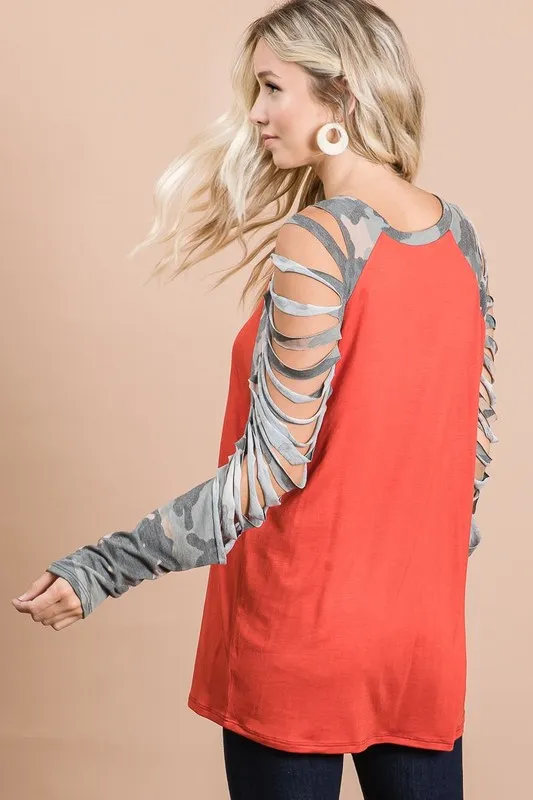 Jersey Knit Top with Camouflage Laser Cut Sleeves, image 3