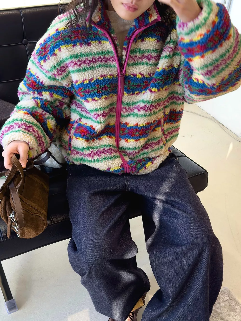 Colorful Patterned Sherpa Zip-Up Jacket, image 5