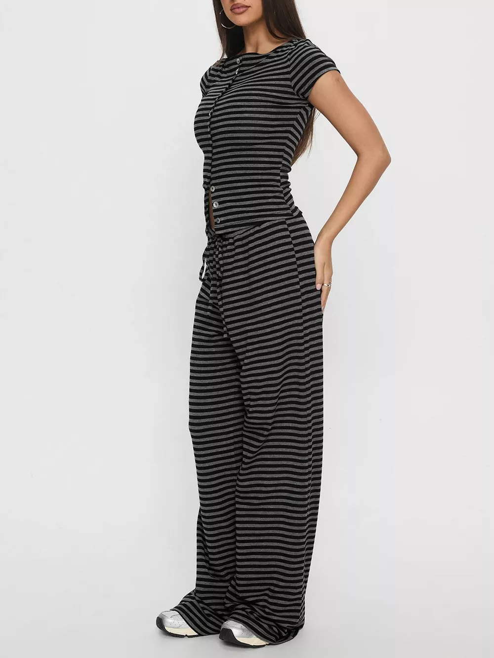 Striped Button-Down Top and Wide-Leg Pants Set, image 4