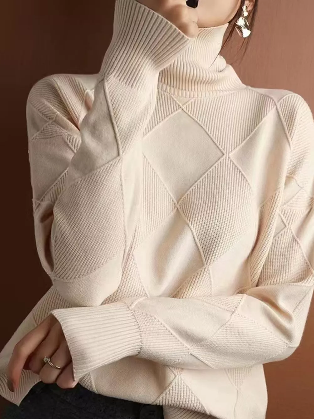 Full Size Diamond Pattern Turtleneck Sweater Plus Size, image 25