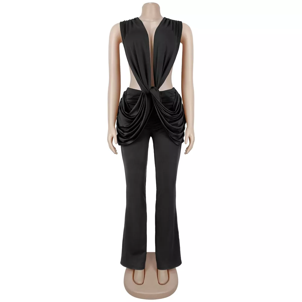 Deep V-Neck Knot-Front Flare Leg Jumpsuit