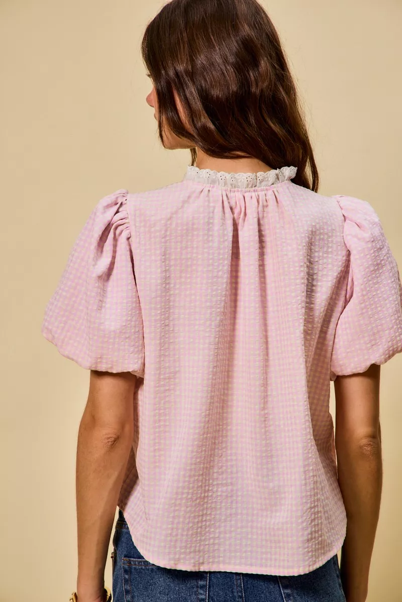 Gingham Lace Trim Button Bubble Sleeves Blouse, image 18