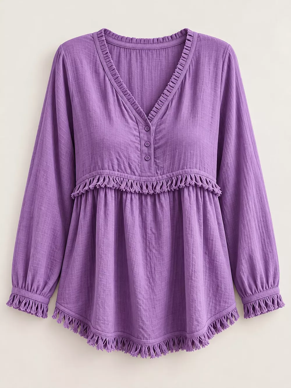 Full Size Fringed Trim V-Neck Long Sleeve Blouse Plus Size, image 37