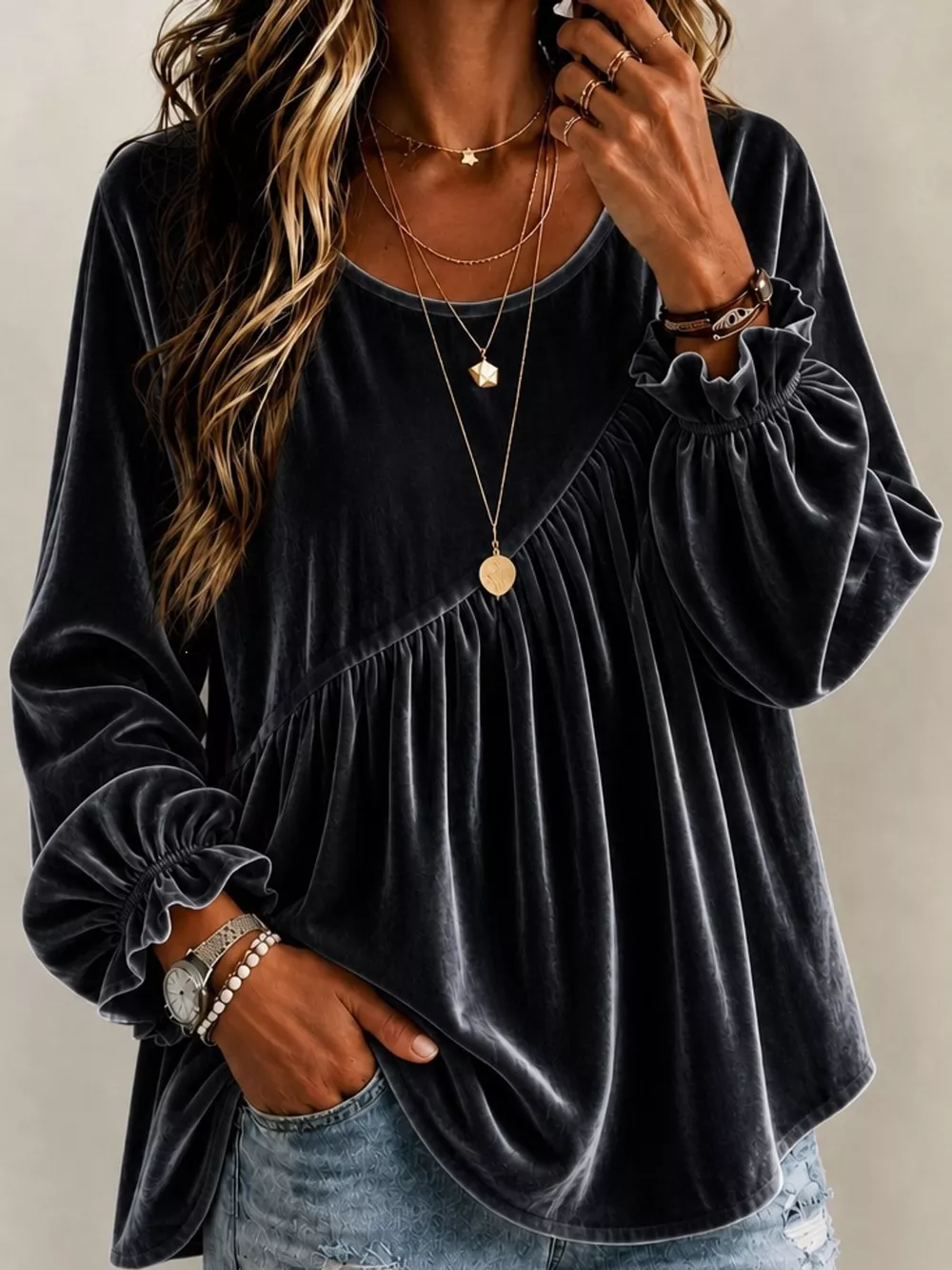 Full Size Velvet Long Sleeve Blouse Plus Size, image 3