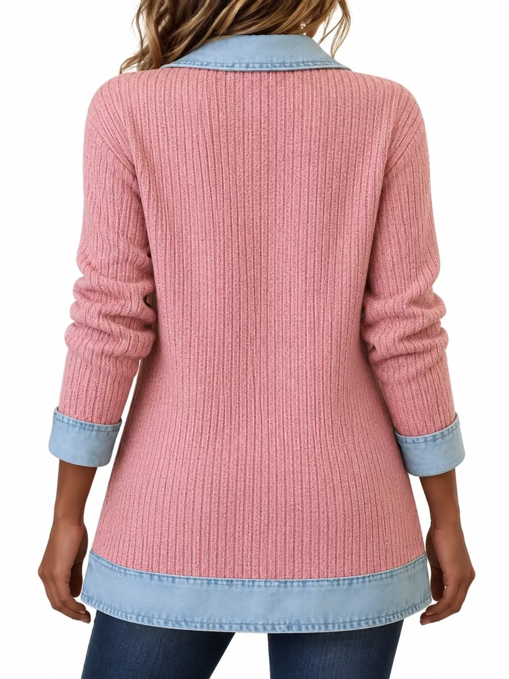 Full Size Denim Trim Ribbed Knit Cardigan Plus Size, image 39