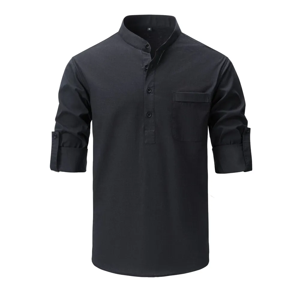 Men's Full Size Mandarin Collar Roll-Up Sleeve Shirt Plus Size