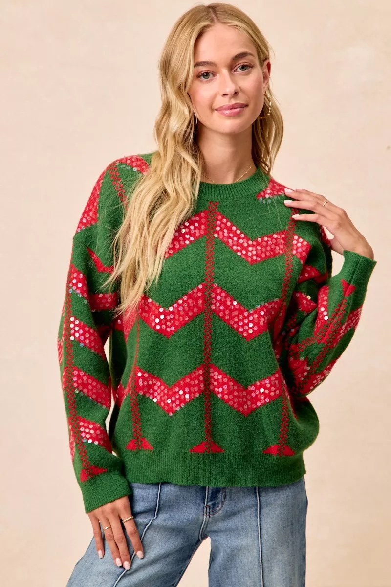 Christmas Theme Chevron Sequins Detail Sweater, image 4