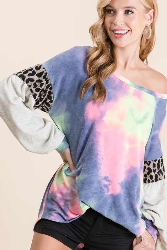 Tie Dye Terry Top with Contrast Puff Sleeves, image 7