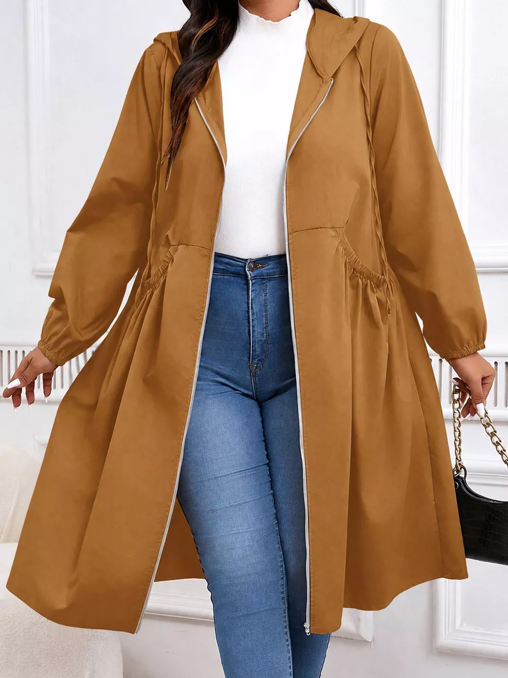 Plus Size Hooded Zip-Up Longline Windbreaker Outerwear, image 24