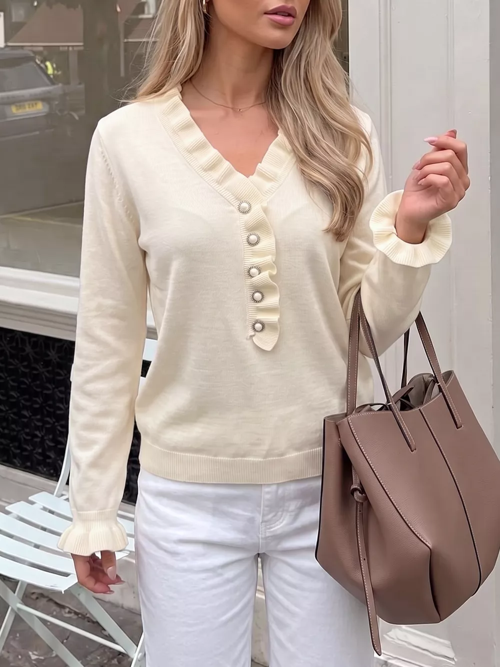 Ruffle Trim Pearl Button V-Neck Knit Top, image 4