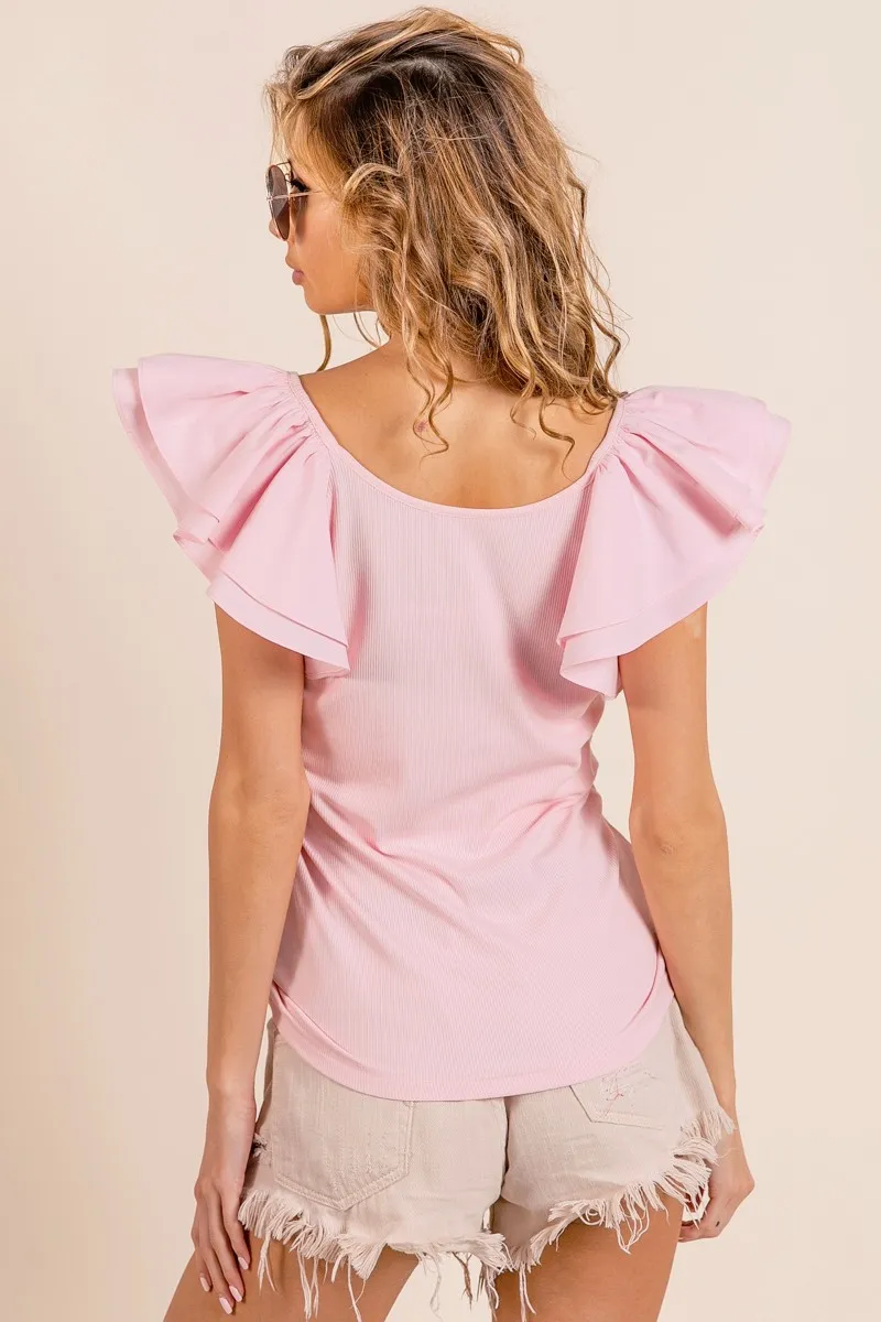 Wide Layered Ruffle Sleeve Scoop Neck Ribbed Top, image 20