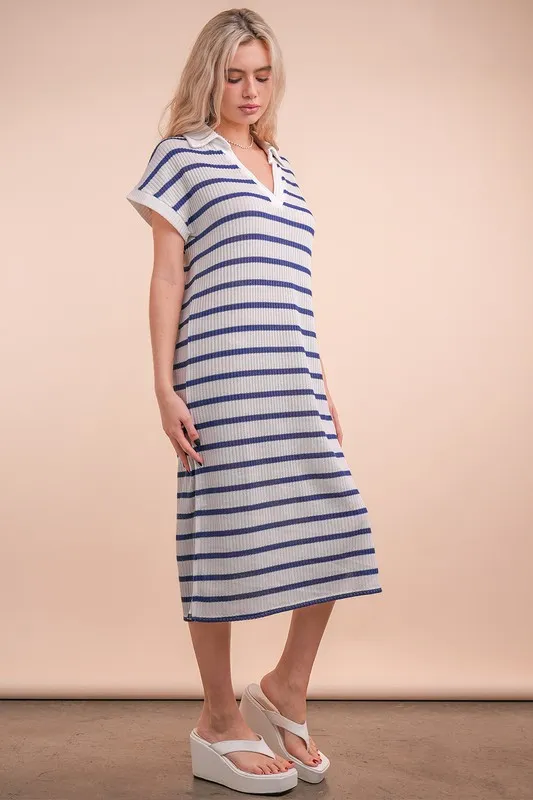 Oversized Collared Striped Knit Midi Dress, image 3