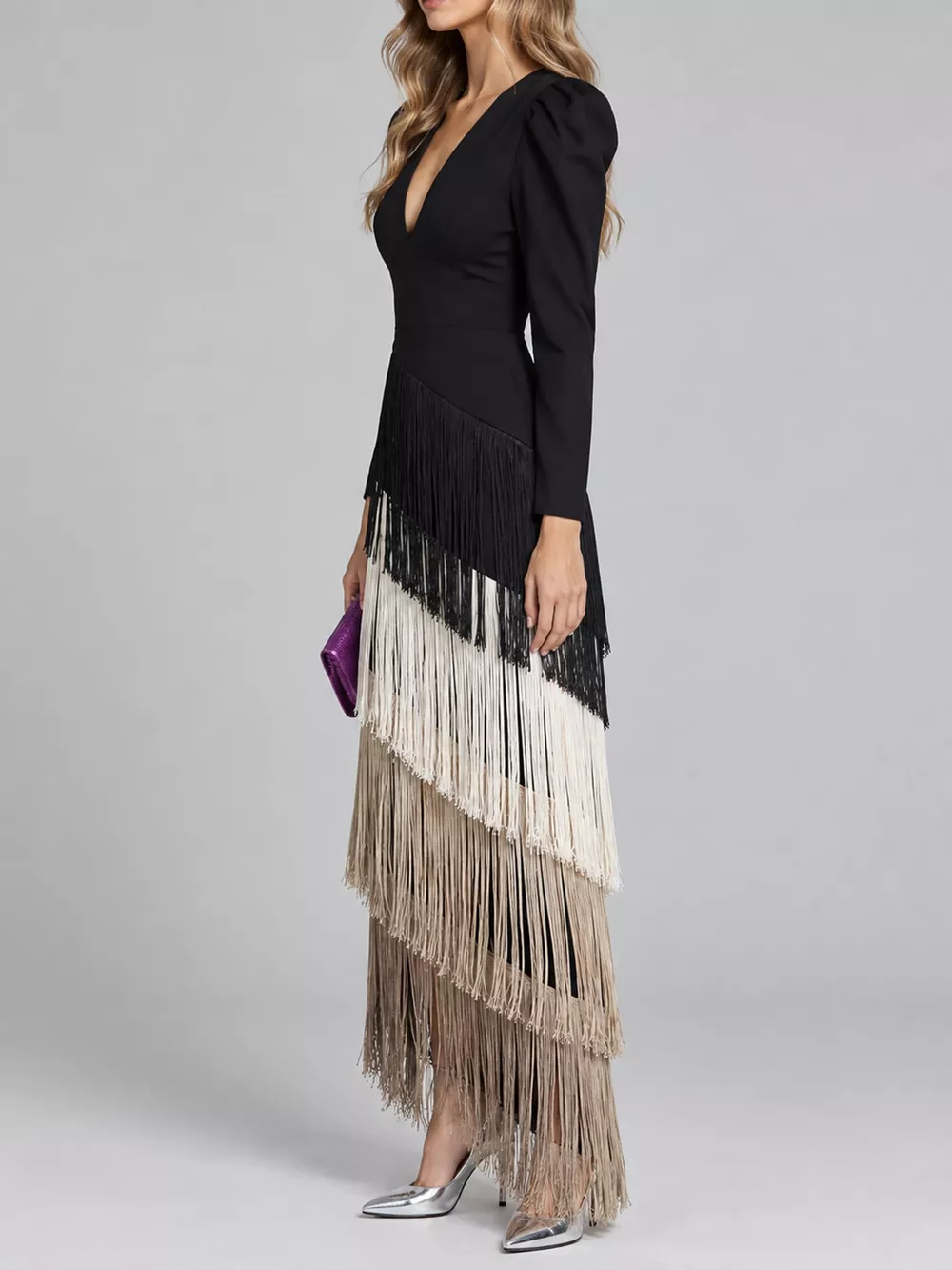 Fringed V-Neck Puff Sleeve Maxi Dress, image 29