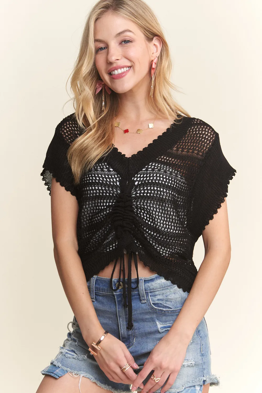 Drawstring Detail Crochet Top, image 2