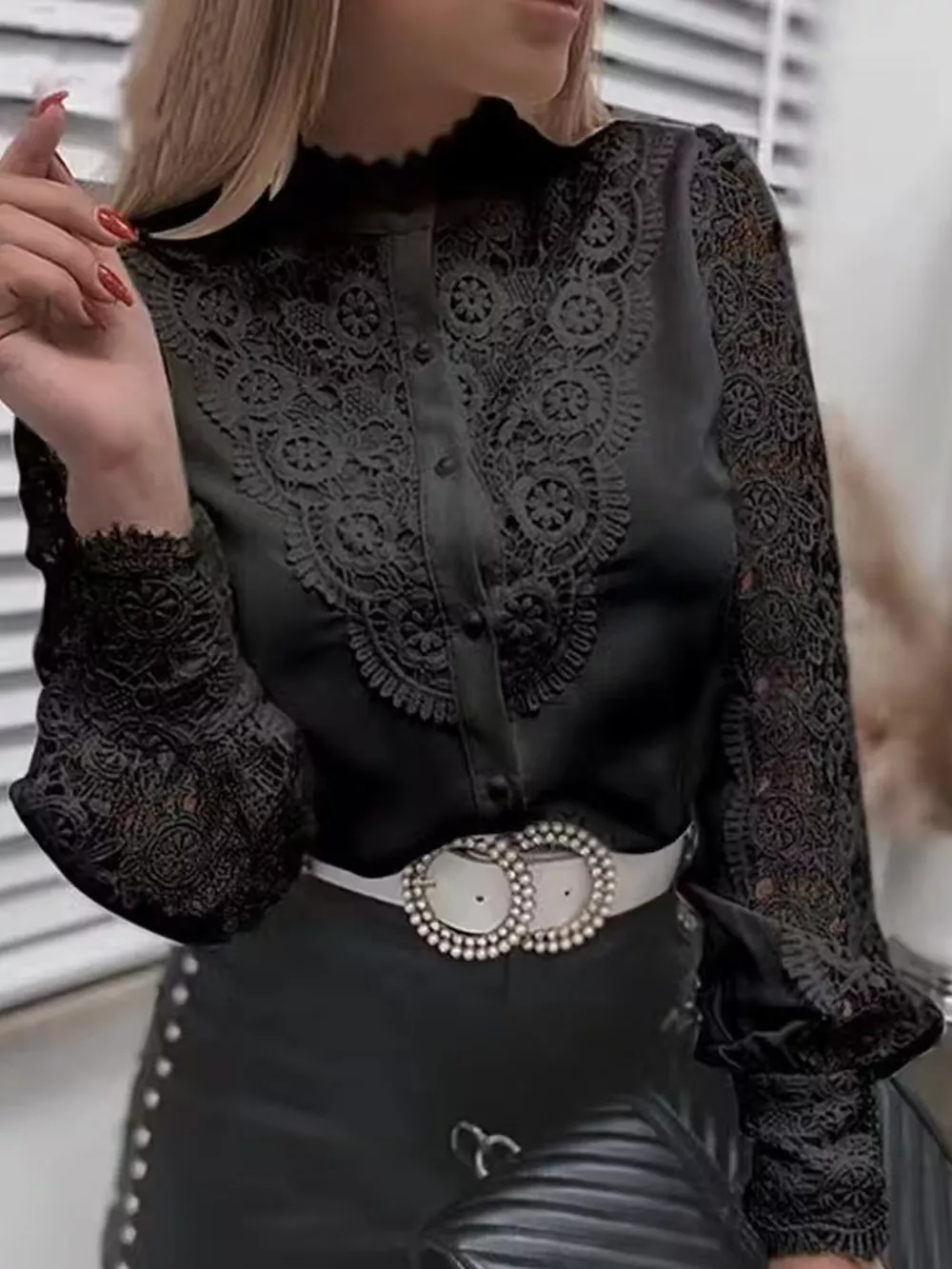 Full Size Lace V-Neck Flounce Sleeve Shirt Plus Size, image 4