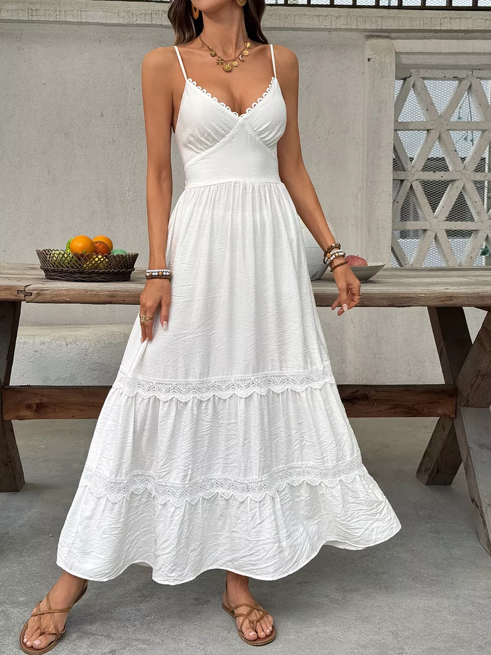 Lace Detail V-Neck Tiered Maxi Dress, image 8