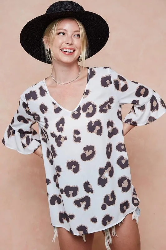 Leopard Printed V Neck Woven Top with Ruffled, image 6