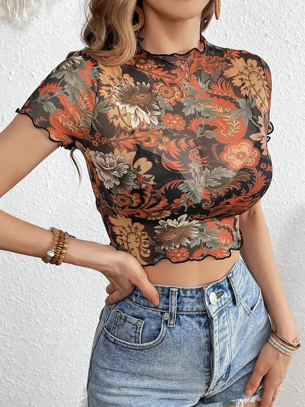 Floral Mesh Crop Top with Lettuce Trim, image 4