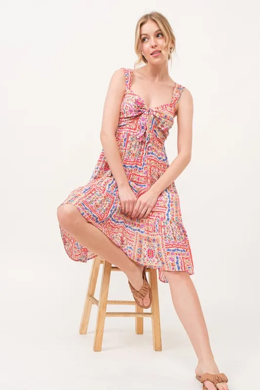 Tied Front Smocked Back Tiered Boho Printed Dress, image 5