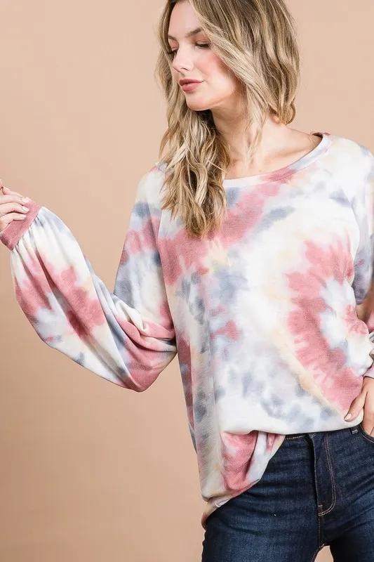 Tie Dye Print Terry Top With Puff Sleeves, image 7
